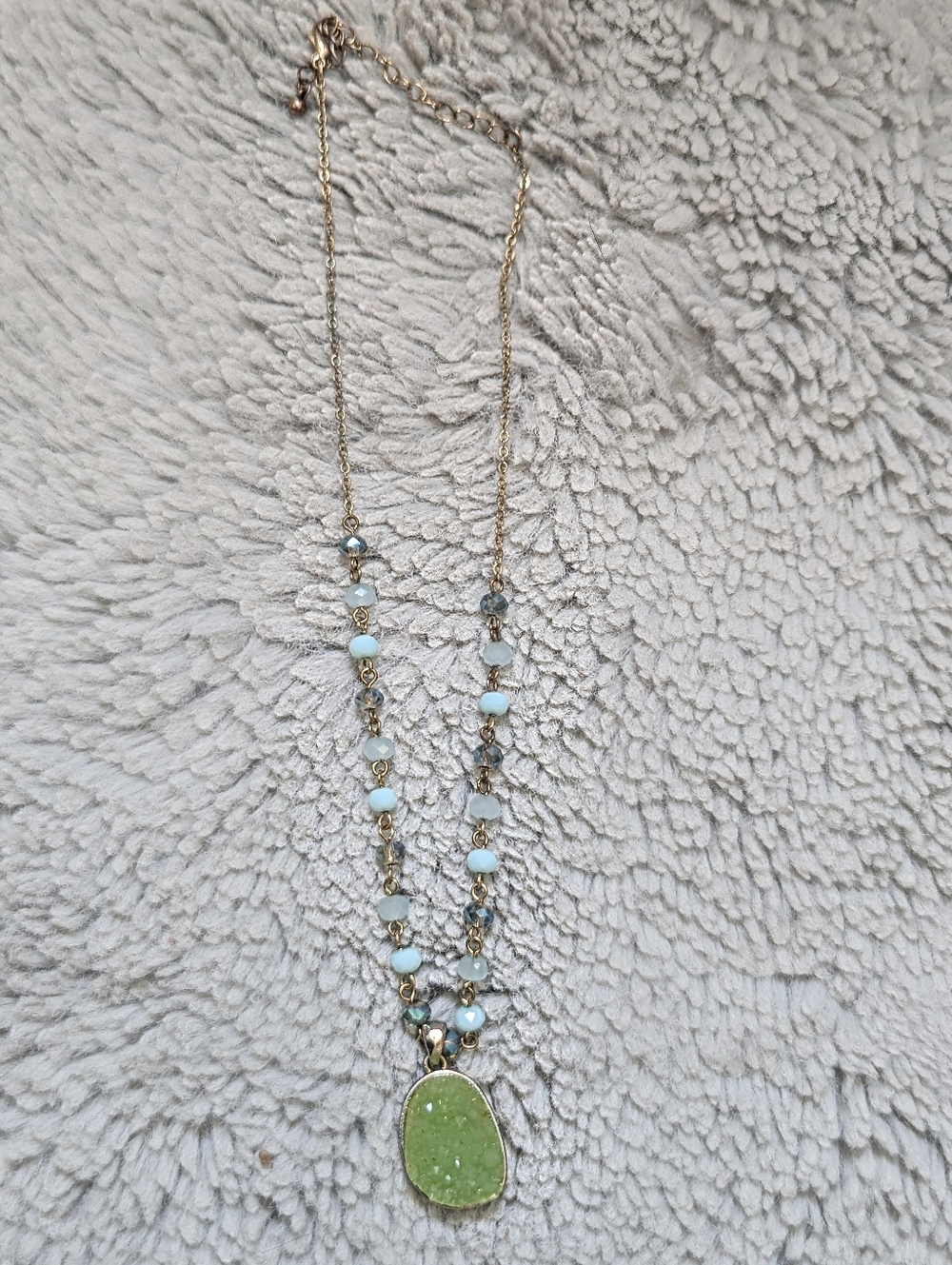 Boho Gold Tone Beaded Necklace with Green Druzy Faux Stone Pendant